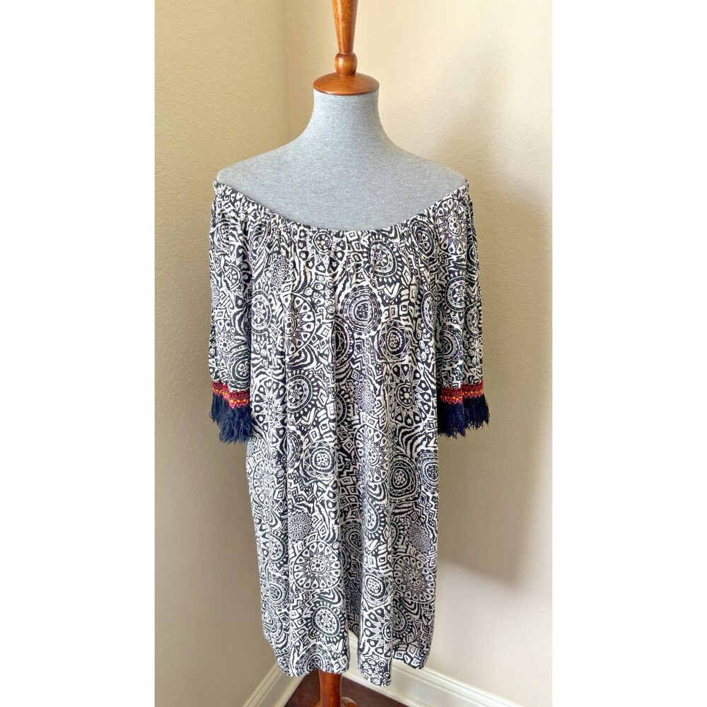 Uncle Frank Size XL Black Geometric Print Off-The-Shoulder Fringe Sleeve Dress